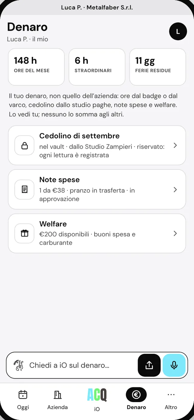 Denaro · Luca P. · «il mio»: ore del mese, straordinari, ferie, cedolino, note spese, welfare