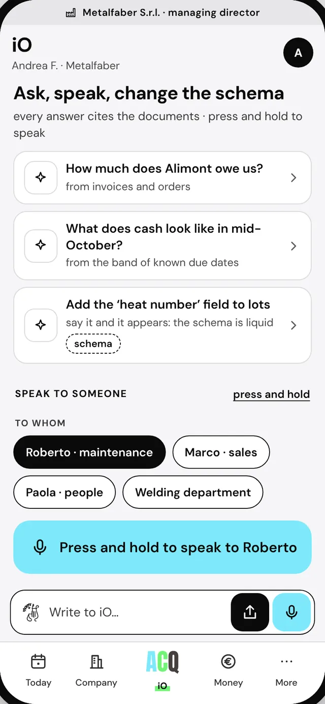 Andrea's phone showing iO's place: ready questions, each with its sources, and the people to talk to by holding down
