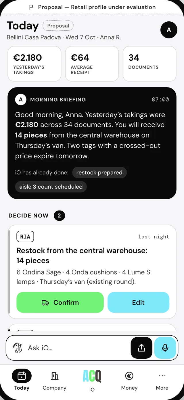 Anna R. · shop · The day’s takings, the average receipt, the restock from the central warehouse.