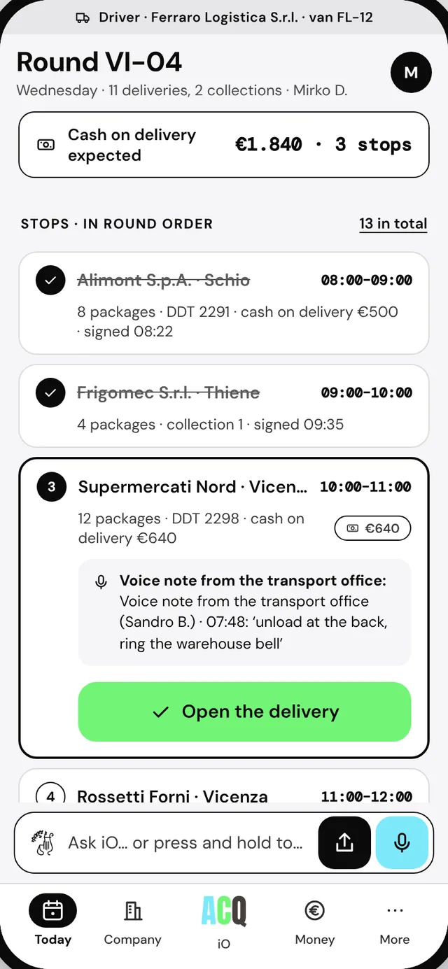 Mirko D. · driver · Round VI-04 stop by stop, the cash on delivery to collect, the voice note from traffic.